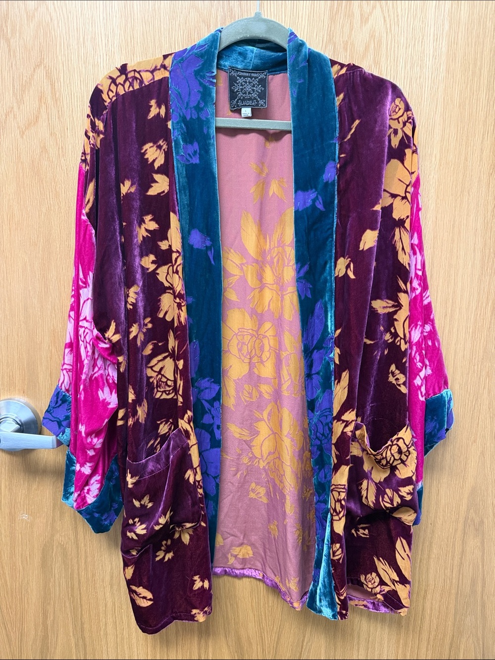 Johnny Was Velvet Floral Kimono Jacket with Teal Trim